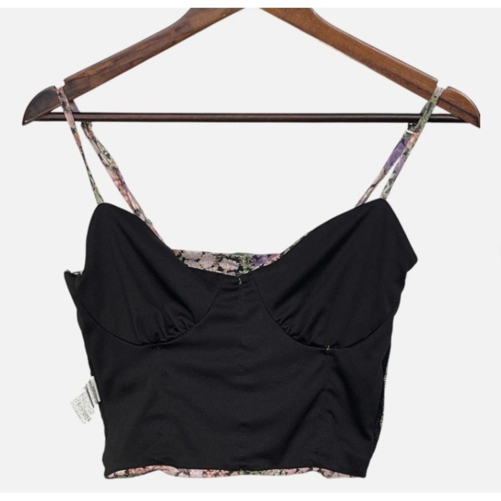 Forever 21 Floral Ruched Mesh Cami Crop Top Small Black Pink Purple Sweetheart - Picture 7 of 8